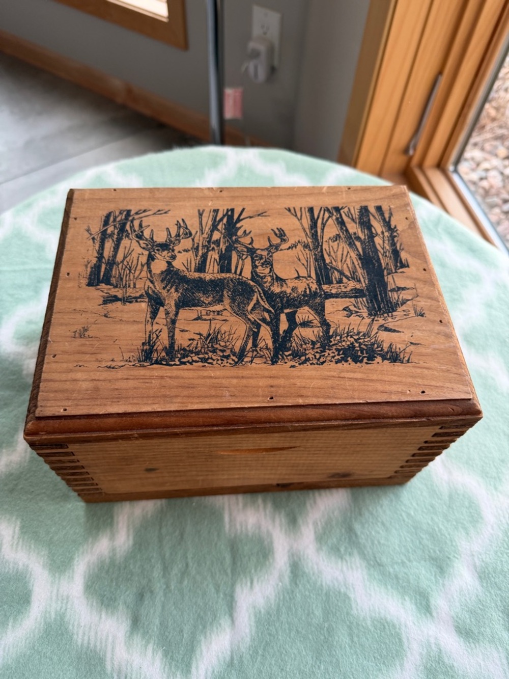 Handmade Rustic Wooden Deer Motif Keepsake Box - Natural Wood